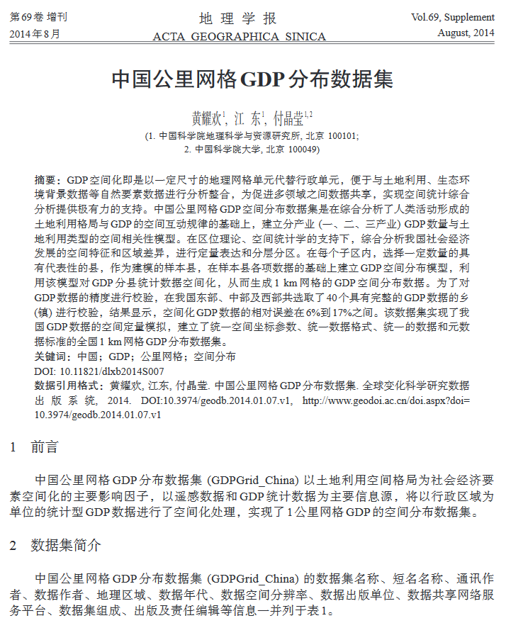 中国公里网格GDP分布数据集
